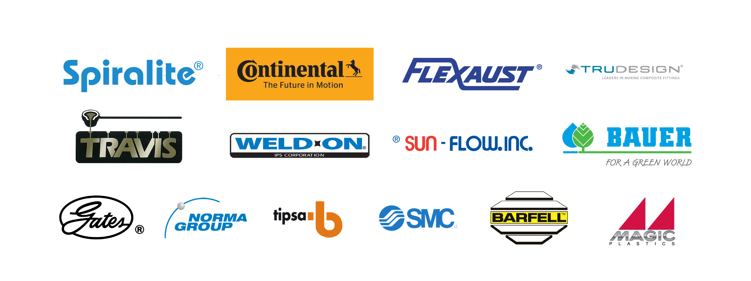 supplier-logo-collage-2024 Spiralite, Continental, Flexaust, Tru Design, Travis, Weld-On, Sun-Flow, Bauer, Gates, Norma, Tipsa, SMC, Barfell, Magic Plastics